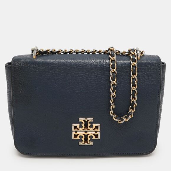 Tory Burch Blue Leather Logo Flap Shoulder Bag